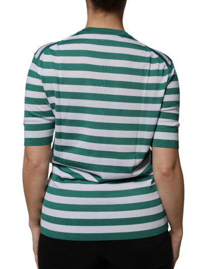 T-shirt Dolce & Gabbana Col Rond Rayures Vertes et Feuilles Blanches