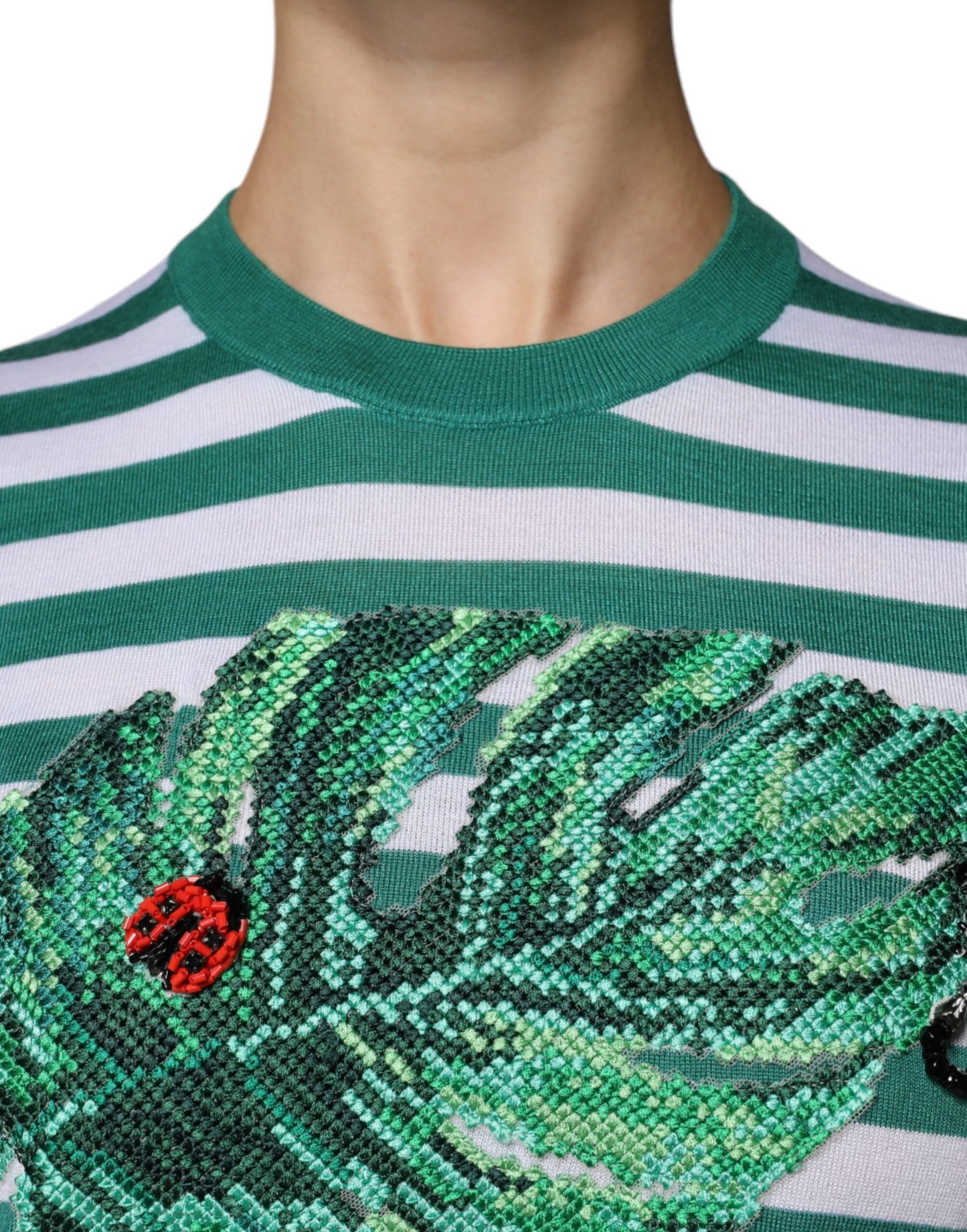 T-shirt Dolce & Gabbana Col Rond Rayures Vertes et Feuilles Blanches