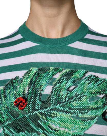 T-shirt Dolce & Gabbana Col Rond Rayures Vertes et Feuilles Blanches