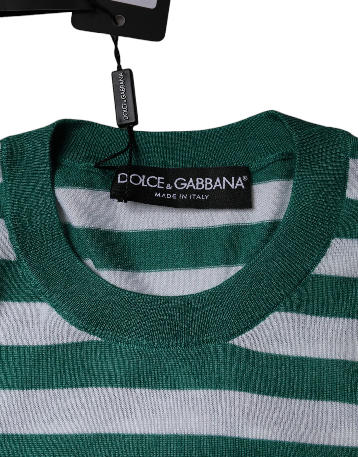 T-shirt Dolce & Gabbana Col Rond Rayures Vertes et Feuilles Blanches