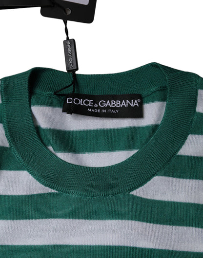 T-shirt Dolce & Gabbana Col Rond Rayures Vertes et Feuilles Blanches