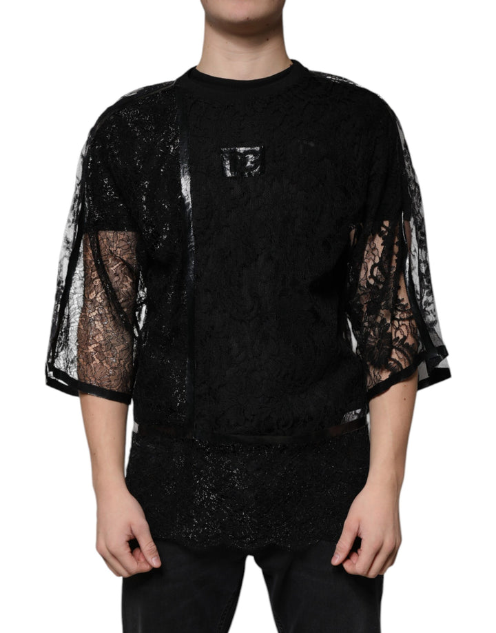 T-shirt Dolce & Gabbana en nylon noir à motif floral en dentelle et col rond