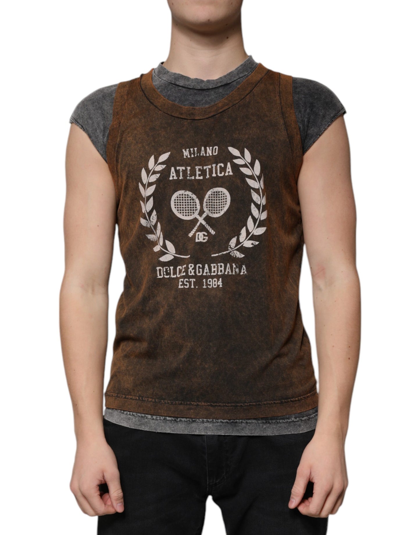 Camiseta sin mangas con cuello redondo de algodón marrón Dolce & Gabbana