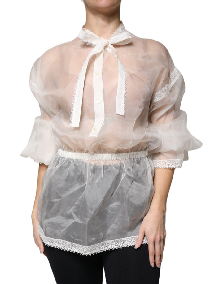 Dolce & Gabbana Blusa Blanca de Manga Larga con Cuello Ascot