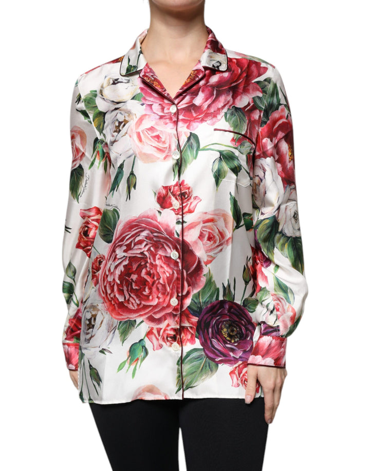 Blusa Dolce & Gabbana de seda de manga larga con cuello y estampado de peonías blancas