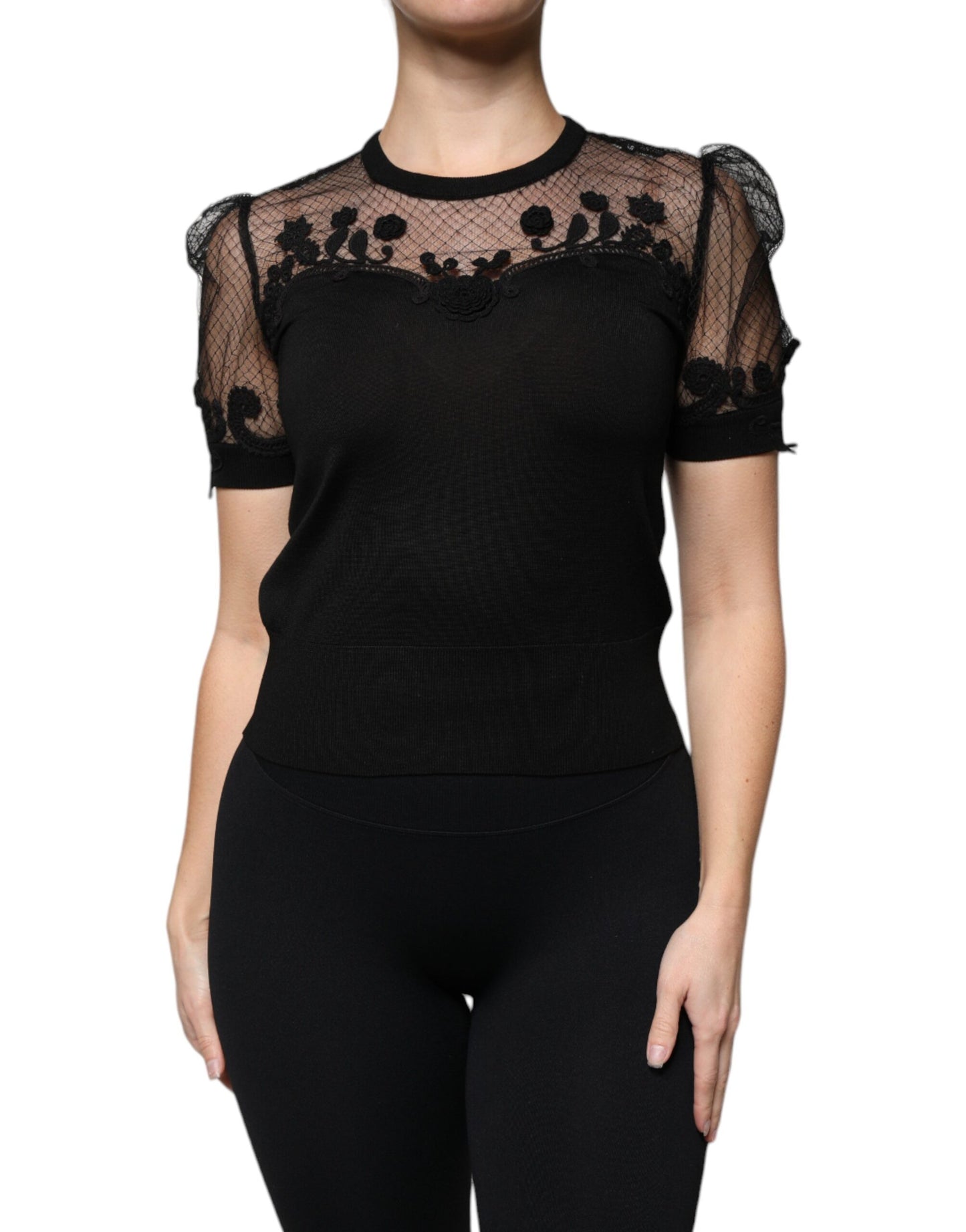 Chemisier à manches courtes en dentelle florale noire Dolce & Gabbana