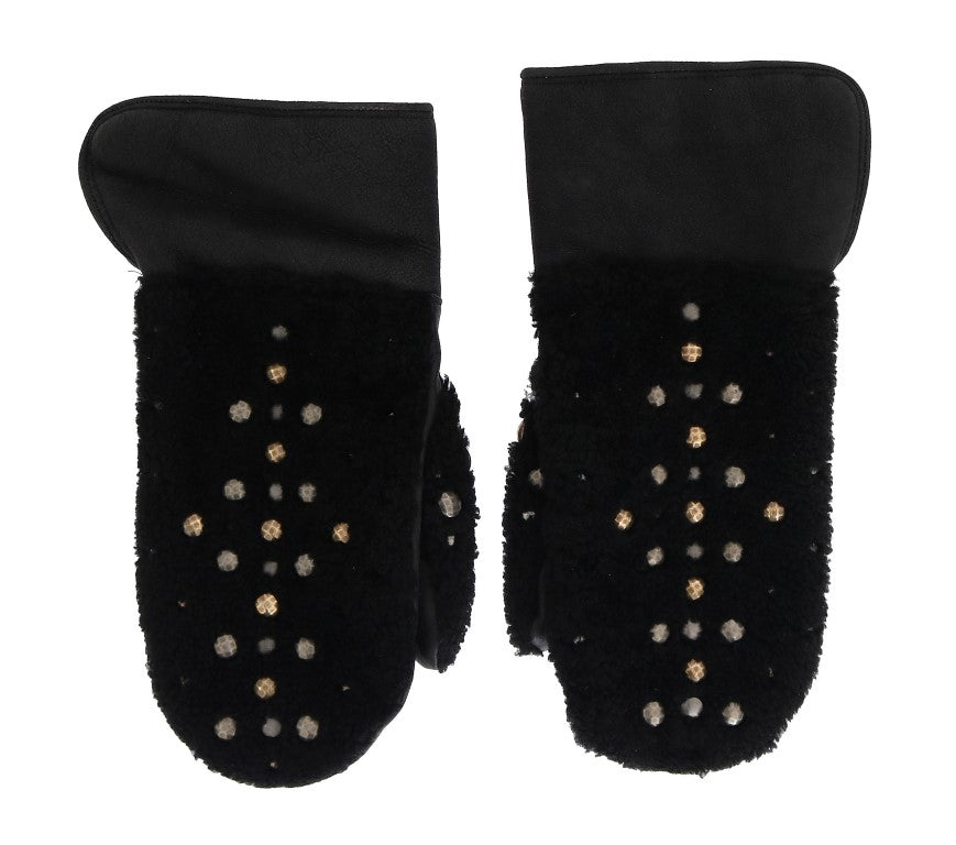Gants cloutés en cuir et peau lainée noirs Dolce & Gabbana