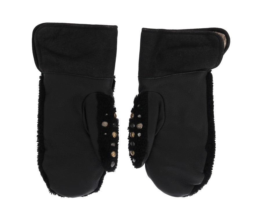 Gants cloutés en cuir et peau lainée noirs Dolce & Gabbana