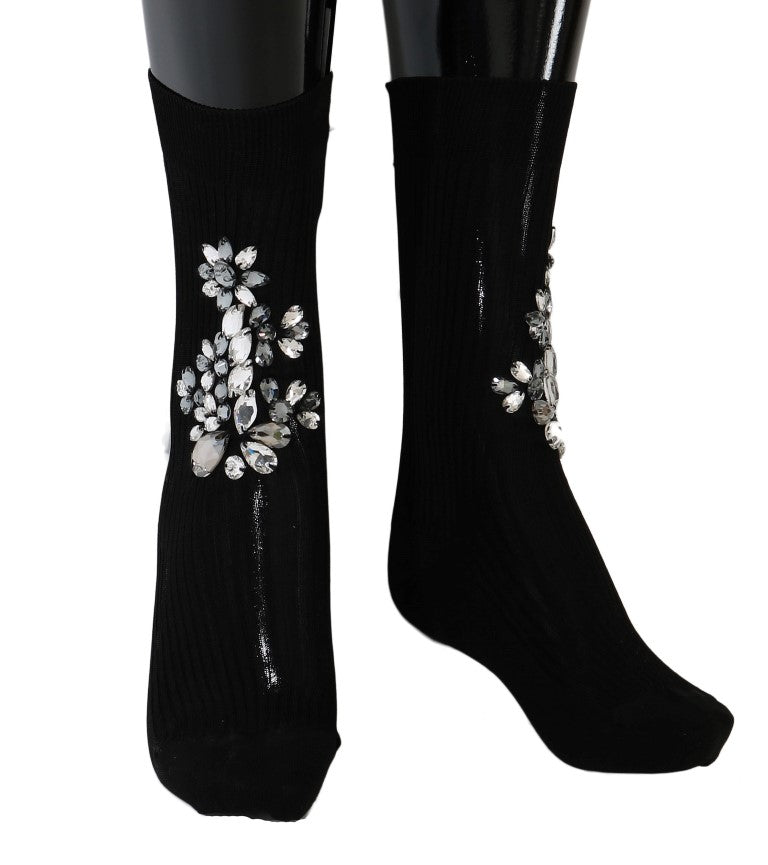 Chaussettes Dolce & Gabbana noires en maille avec cristaux transparents et motif floral