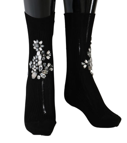 Chaussettes Dolce & Gabbana noires en maille avec cristaux transparents et motif floral