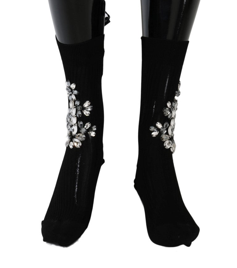 Chaussettes Dolce & Gabbana noires en maille avec cristaux transparents et motif floral