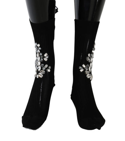 Chaussettes Dolce & Gabbana noires en maille avec cristaux transparents et motif floral