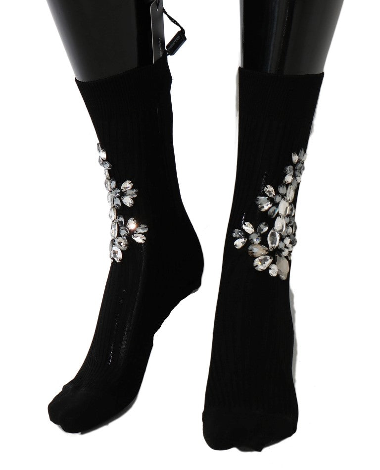 Chaussettes Dolce & Gabbana noires en maille avec cristaux transparents et motif floral