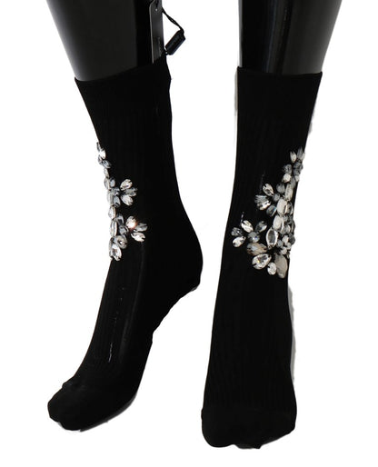 Chaussettes Dolce & Gabbana noires en maille avec cristaux transparents et motif floral