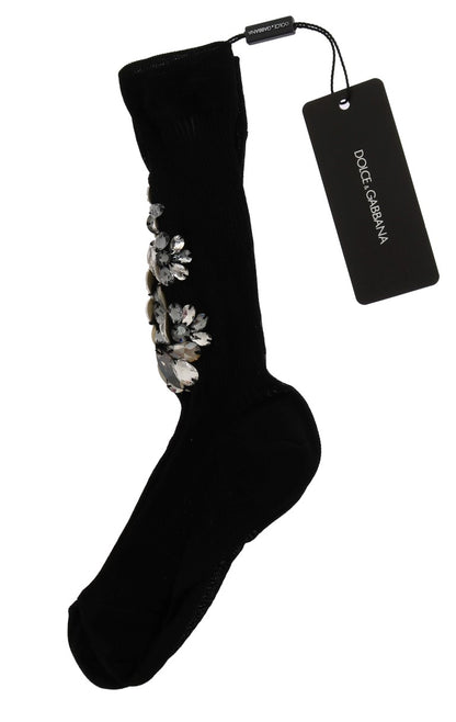 Chaussettes Dolce & Gabbana noires en maille avec cristaux transparents et motif floral
