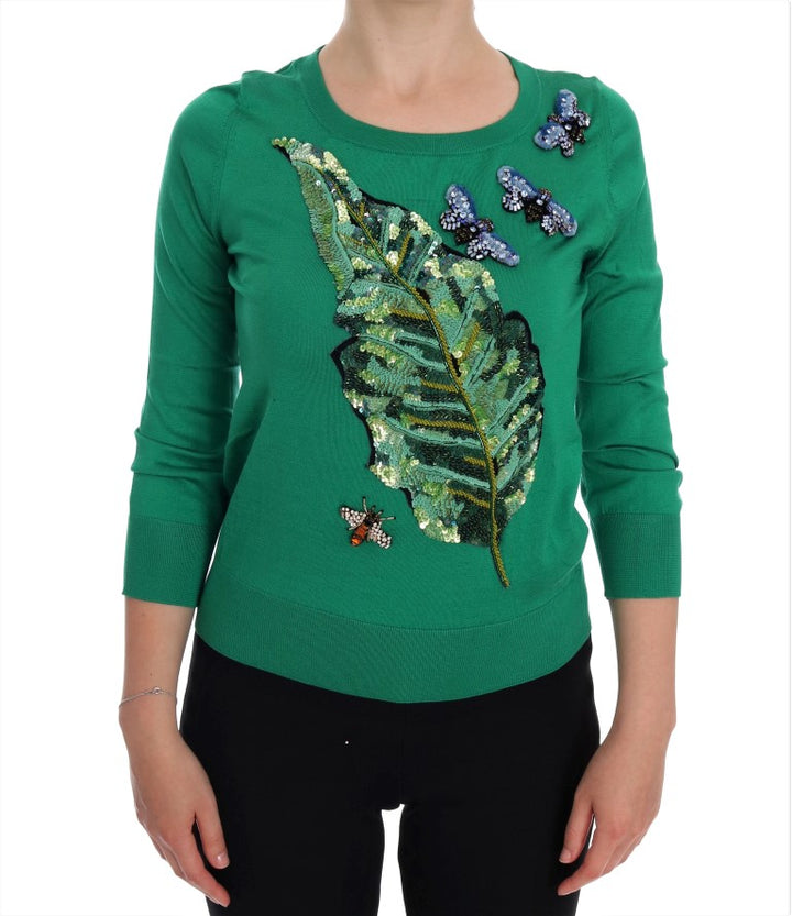 Suéter verde de seda con cristales y plátanos Dolce & Gabbana