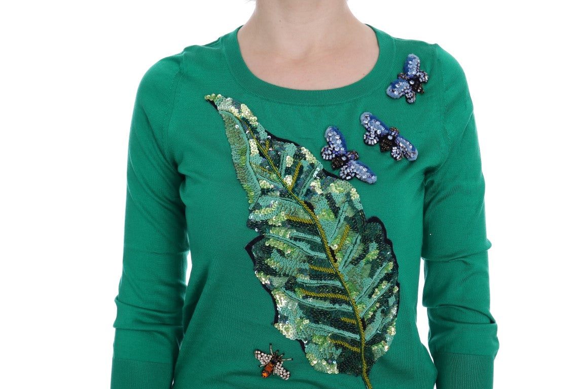Pull Dolce & Gabbana en soie verte orné de cristaux motif banane