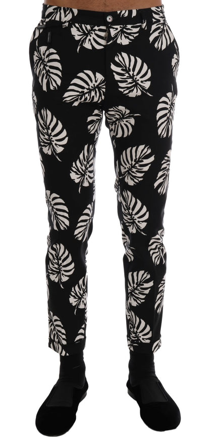 Pantalon Slim Dolce & Gabbana Blanc Noir à Imprimé Feuilles en Coton Stretch