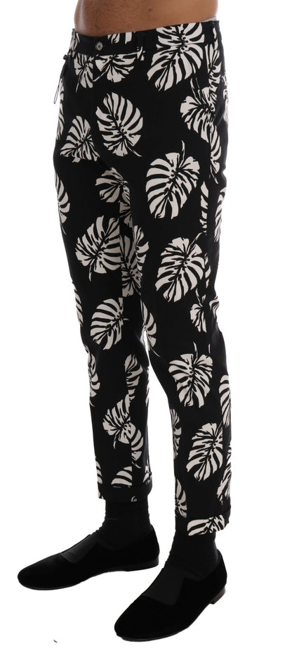 Pantalon Slim Dolce & Gabbana Blanc Noir à Imprimé Feuilles en Coton Stretch