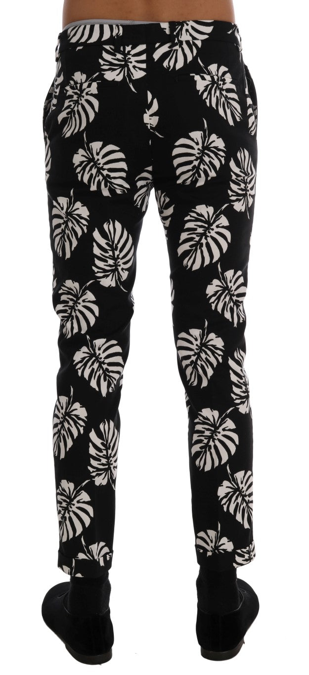 Pantalon Slim Dolce & Gabbana Blanc Noir à Imprimé Feuilles en Coton Stretch