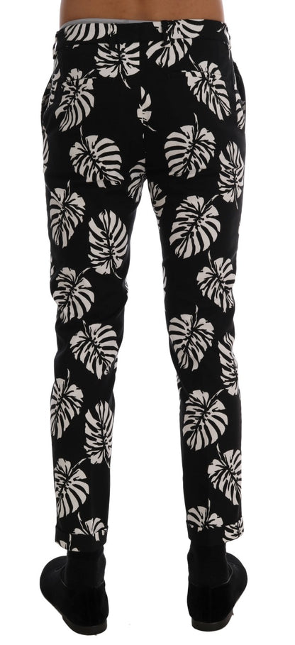 Pantalon Slim Dolce & Gabbana Blanc Noir à Imprimé Feuilles en Coton Stretch