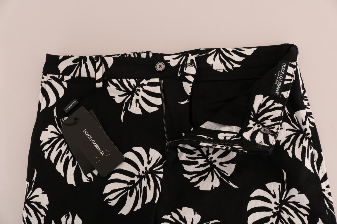 Pantalon Slim Dolce & Gabbana Blanc Noir à Imprimé Feuilles en Coton Stretch