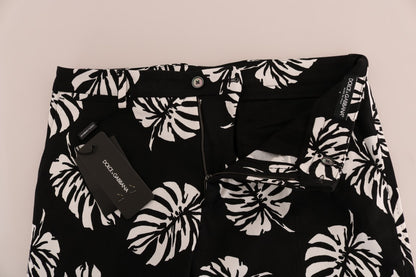 Pantalon Slim Dolce & Gabbana Blanc Noir à Imprimé Feuilles en Coton Stretch