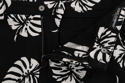 Pantalon Slim Dolce & Gabbana Blanc Noir à Imprimé Feuilles en Coton Stretch