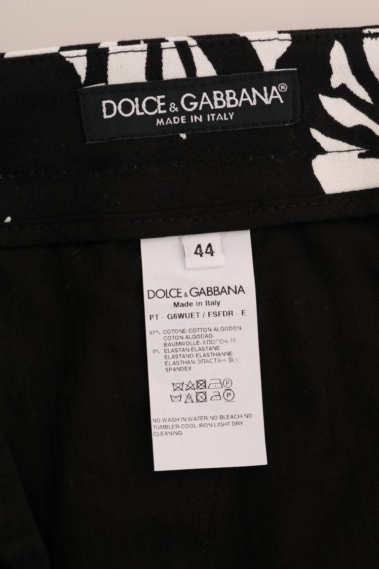 Pantalon Slim Dolce & Gabbana Blanc Noir à Imprimé Feuilles en Coton Stretch