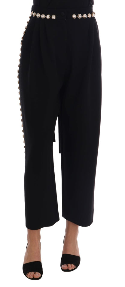 Pantalon Dolce & Gabbana en Laine Stretch Noire Orné de Cristaux