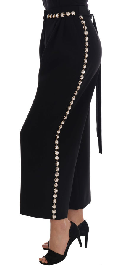 Pantalon Dolce & Gabbana en Laine Stretch Noire Orné de Cristaux