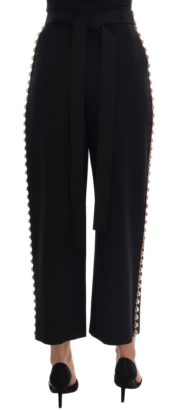 Pantalon Dolce & Gabbana en Laine Stretch Noire Orné de Cristaux