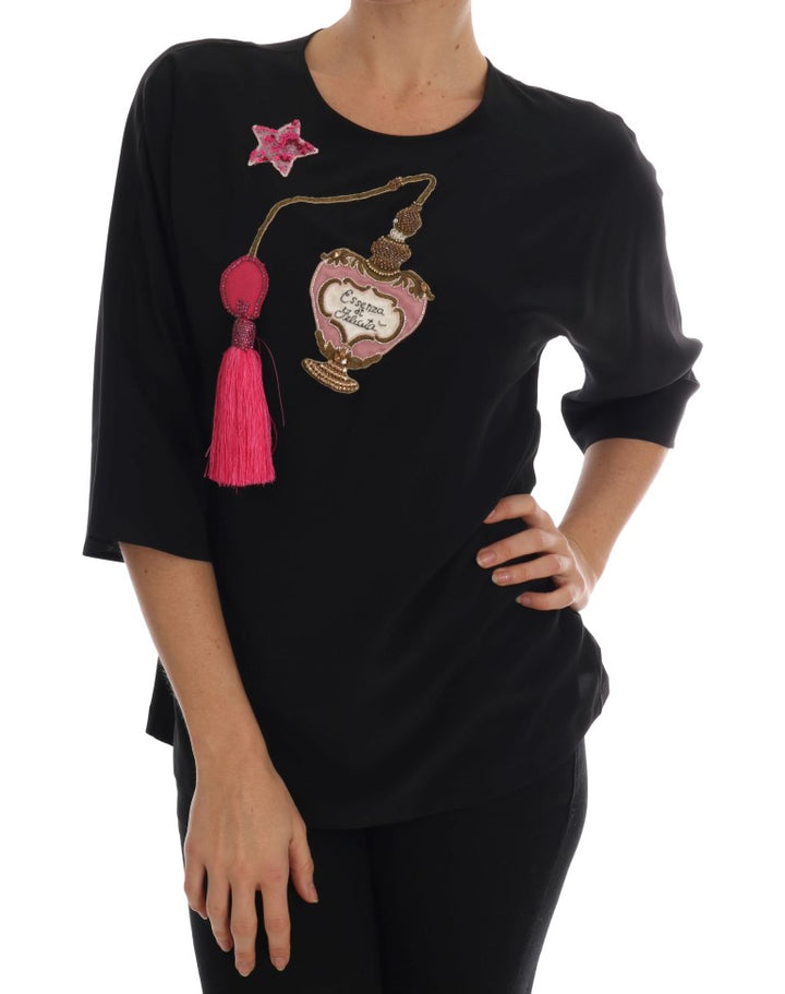 Blusa de seda negra Dolce & Gabbana con cristales y diseño de cuento de hadas