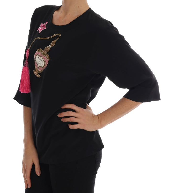Blusa de seda negra Dolce & Gabbana con cristales y diseño de cuento de hadas