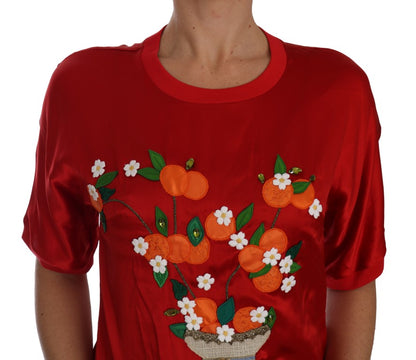 Dolce & Gabbana Haut court en soie rouge, vase orange et cristaux
