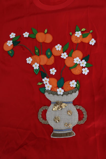 Dolce & Gabbana Haut court en soie rouge, vase orange et cristaux