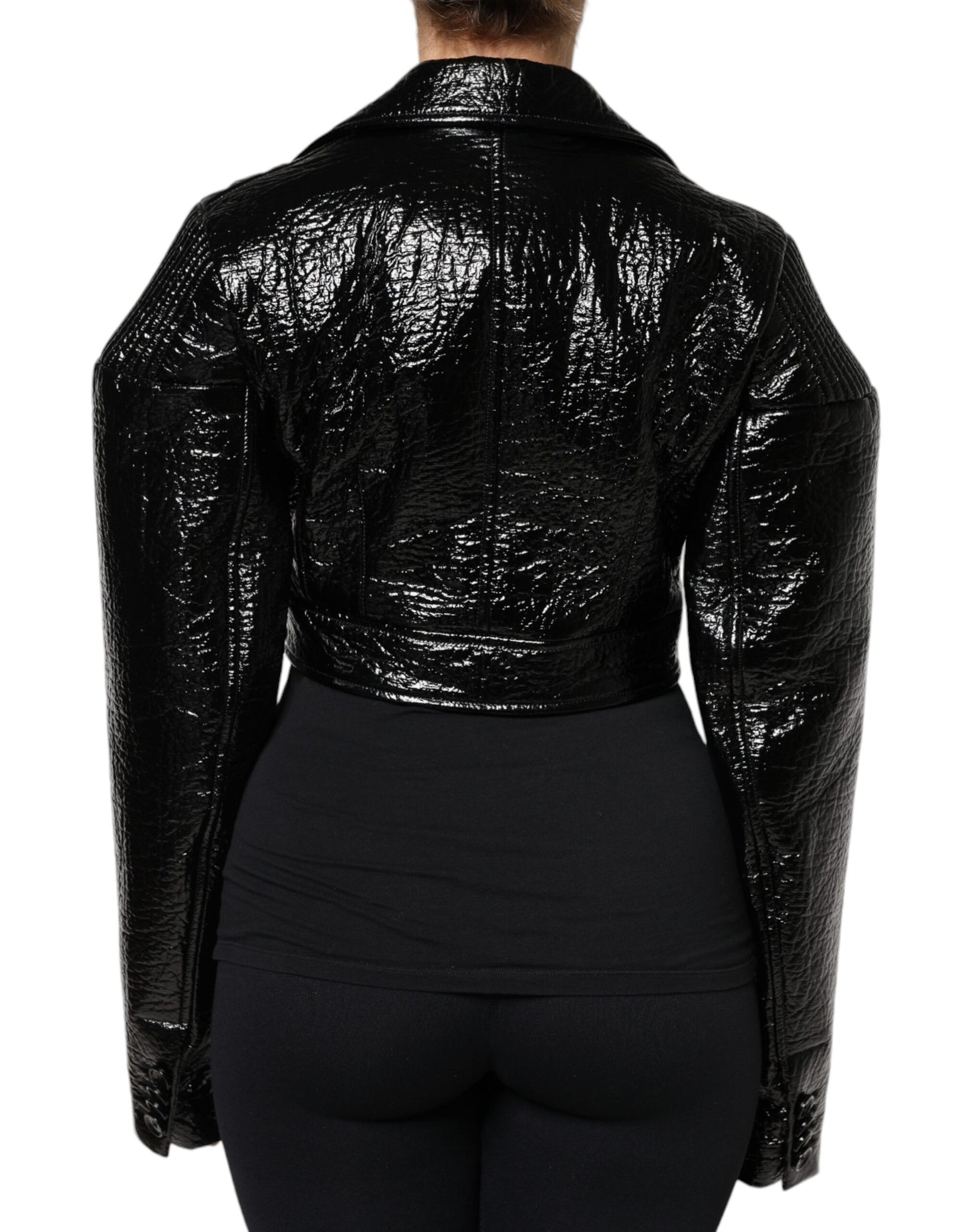 Manteau court à manches longues en cuir noir Dolce & Gabbana