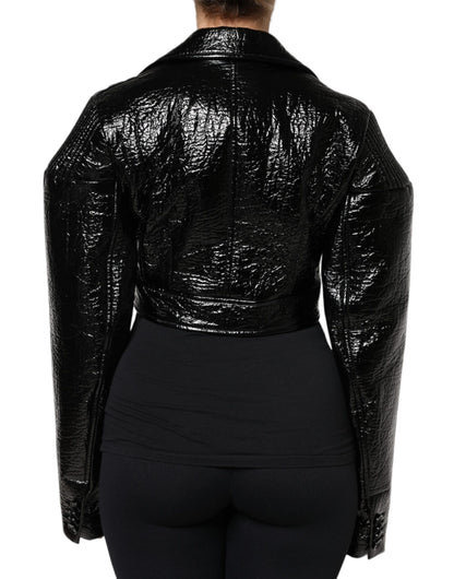 Manteau court à manches longues en cuir noir Dolce & Gabbana