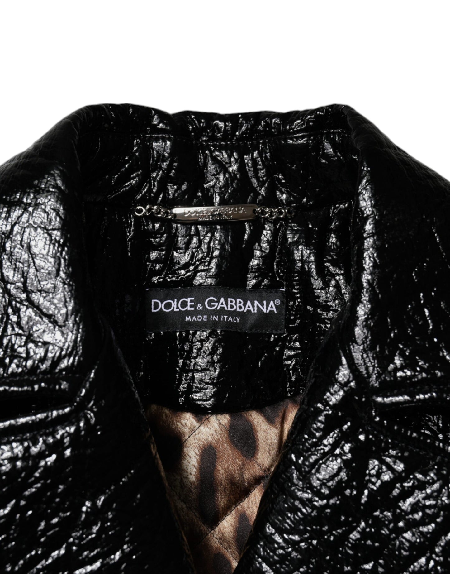 Manteau court à manches longues en cuir noir Dolce & Gabbana