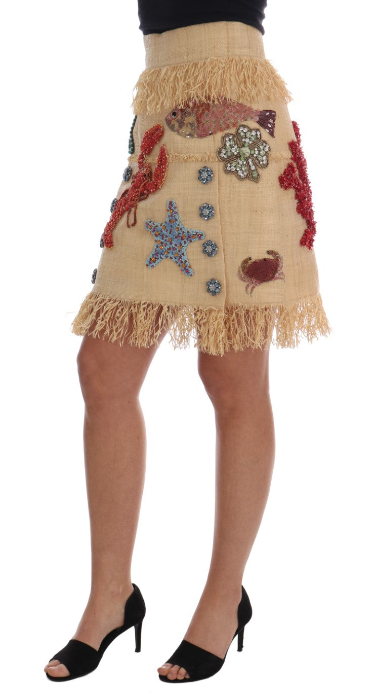Jupe en fibres de palmier beige et cristaux Dolce & Gabbana
