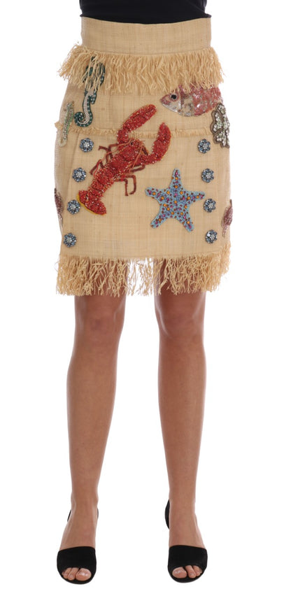 Jupe en fibres de palmier beige et cristaux Dolce & Gabbana