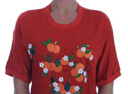 Chemisier en soie rouge à motifs oranges et cristaux Dolce & Gabbana