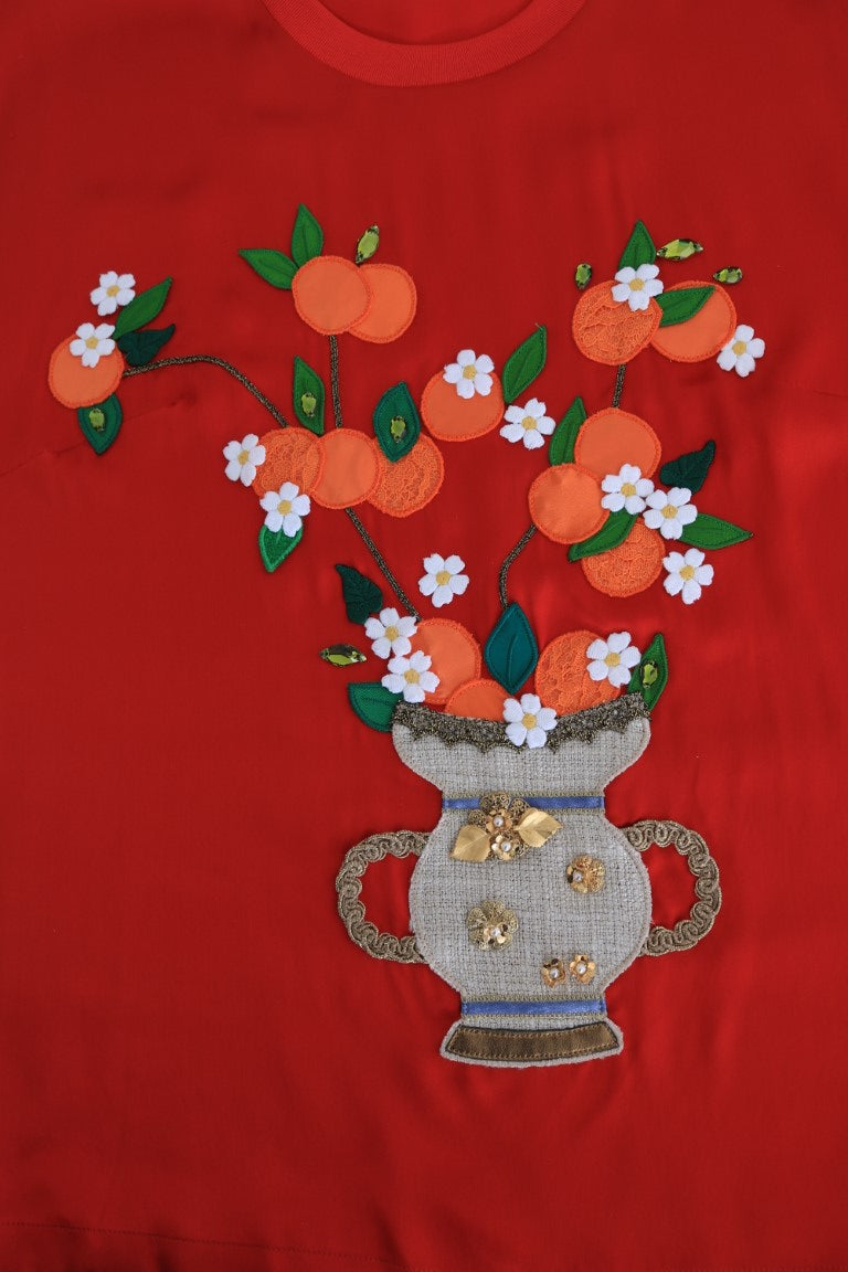 Chemisier en soie rouge à motifs oranges et cristaux Dolce & Gabbana