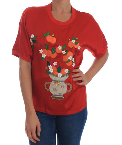 Chemisier en soie rouge à motifs oranges et cristaux Dolce & Gabbana