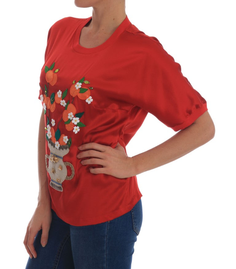 Chemisier en soie rouge à motifs oranges et cristaux Dolce & Gabbana