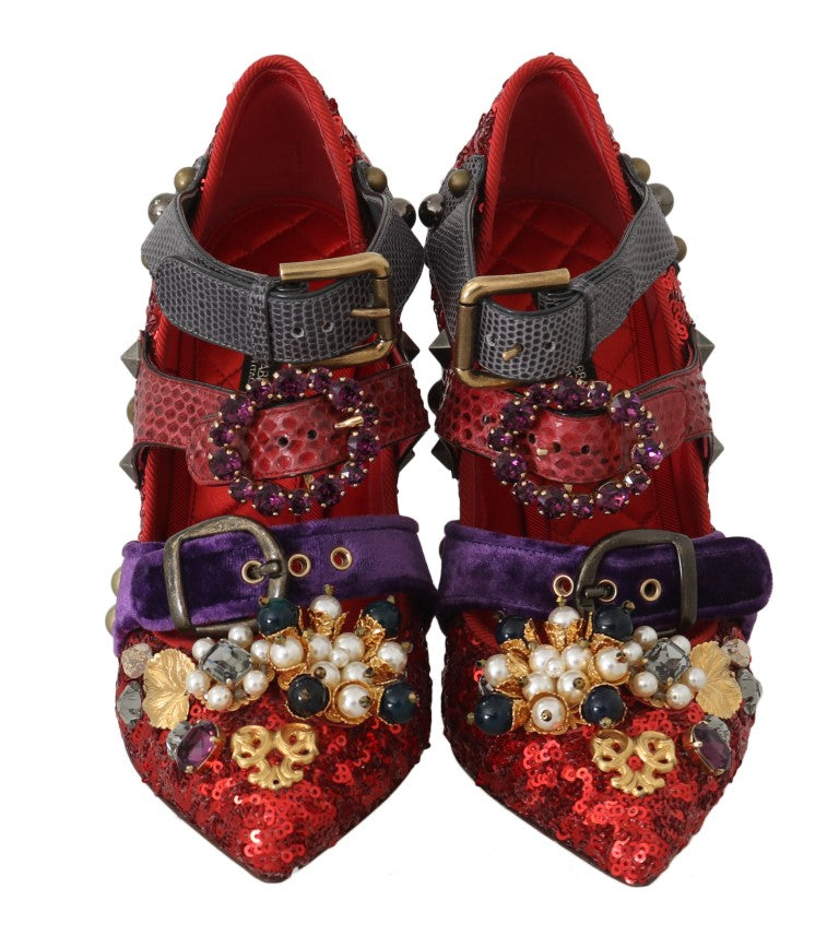 Chaussures à talons Dolce & Gabbana rouges à paillettes et clous de cristal
