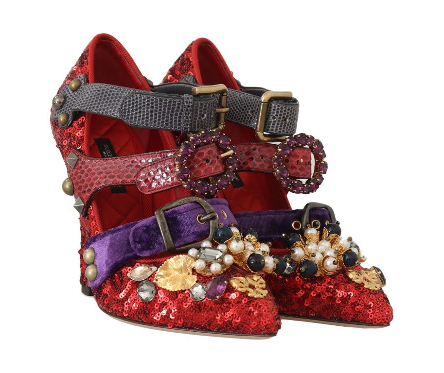 Chaussures à talons Dolce & Gabbana rouges à paillettes et clous de cristal