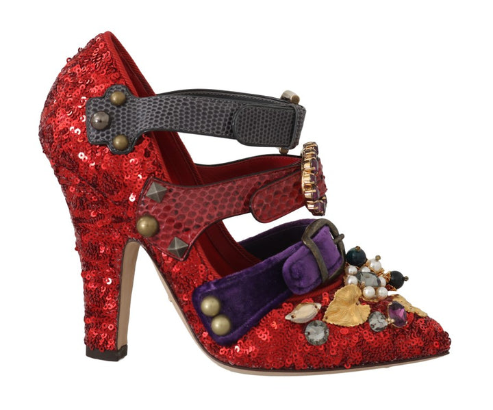 Chaussures à talons Dolce & Gabbana rouges à paillettes et clous de cristal