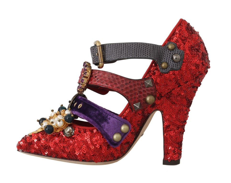Chaussures à talons Dolce & Gabbana rouges à paillettes et clous de cristal