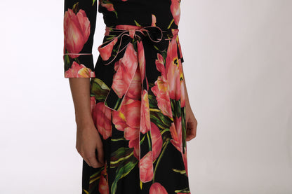 Robe fourreau Dolce & Gabbana en tissu stretch noir à imprimé tulipes roses